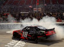 Kyle Busch celebrates his victory with a burnout after the Scotts EZ Seed 300 at Bristol Motor Speedway. Credit: Chris Trotman/Getty Images for NASCAR